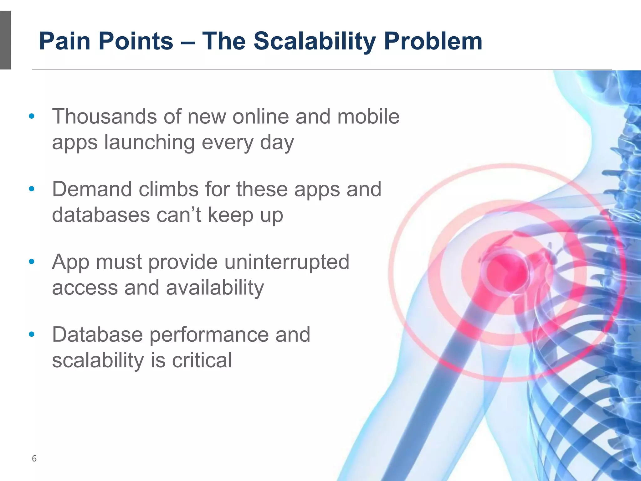 Pain Points – The Scalability Problem

• Thousands of new online and mobile
  apps launching every day

• Demand climbs for these apps and
  databases can’t keep up

• App must provide uninterrupted
  access and availability

• Database performance and
  scalability is critical



6
 
