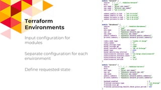 Input configuration for
modules
Separate configuration for each
environment
Define requested state
Terraform
Environments
25
 