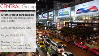 4
A family held corporation
Retail, Hotels, Restaurants,
Real Estate
Generating 220,000 jobs
Target 2018: $11.9B
Thailand,...