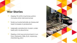 War Stories
◂ Deploy 72 vCPU machines within
minutes when demand arose
◂ Scale out automatically as measured
load increases in production
◂ Upgrade a production cluster under
load with no downtime
◂ Deploy a full new environment in an
hour (network, DBs, ELK, instances,
monitoring, etc.)
6
 