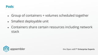 Pods
● Group of containers + volumes scheduled together
● Smallest deployable unit
● Containers share certain resources including network
stack
 