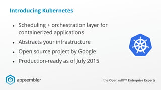 Introducing Kubernetes
● Scheduling + orchestration layer for
containerized applications
● Abstracts your infrastructure
● Open source project by Google
● Production-ready as of July 2015
 