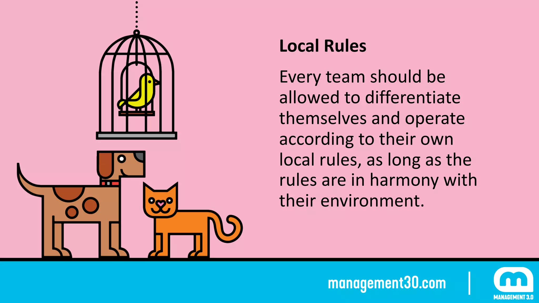 Local	Rules	
Every	team	should	be	
allowed	to	differentiate	
themselves	and	operate	
according	to	their	own	
local	rules,	as	long	as	the	
rules	are	in	harmony	with	
their	environment.
 