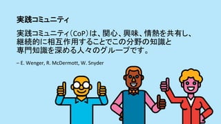 実践コミュニティ	
実践コミュニティ（CoP）は、関心、興味、情熱を共有し、	
継続的に相互作用することでこの分野の知識と	
専門知識を深める人々のグループです。	
–	E.	Wenger,	R.	McDermott,	W.	Snyder	
 