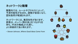 ネットワークと階層	
階層内では、ルールやプロセスによって、
予測可能性が生まれ、調整が容易になり、
認知負荷が軽減されます。	
ネットワークには、集団知性があります。
群衆は、メンバー間の多くのつながりを	
持ち、中央の権威よりも賢く、	
より革新的であり得えます。	
–	Steven	Johnson,	Where	Good	Ideas	Come	From	
 