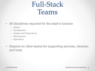 Full-Stack
Teams
• All disciplines required for the team’s function
o Design
o Development
o Quality and Performance
o Maintenance
o Operations
• Depend on other teams for supporting services, libraries,
and tools
@randyshoup linkedin.com/in/randyshoup
 