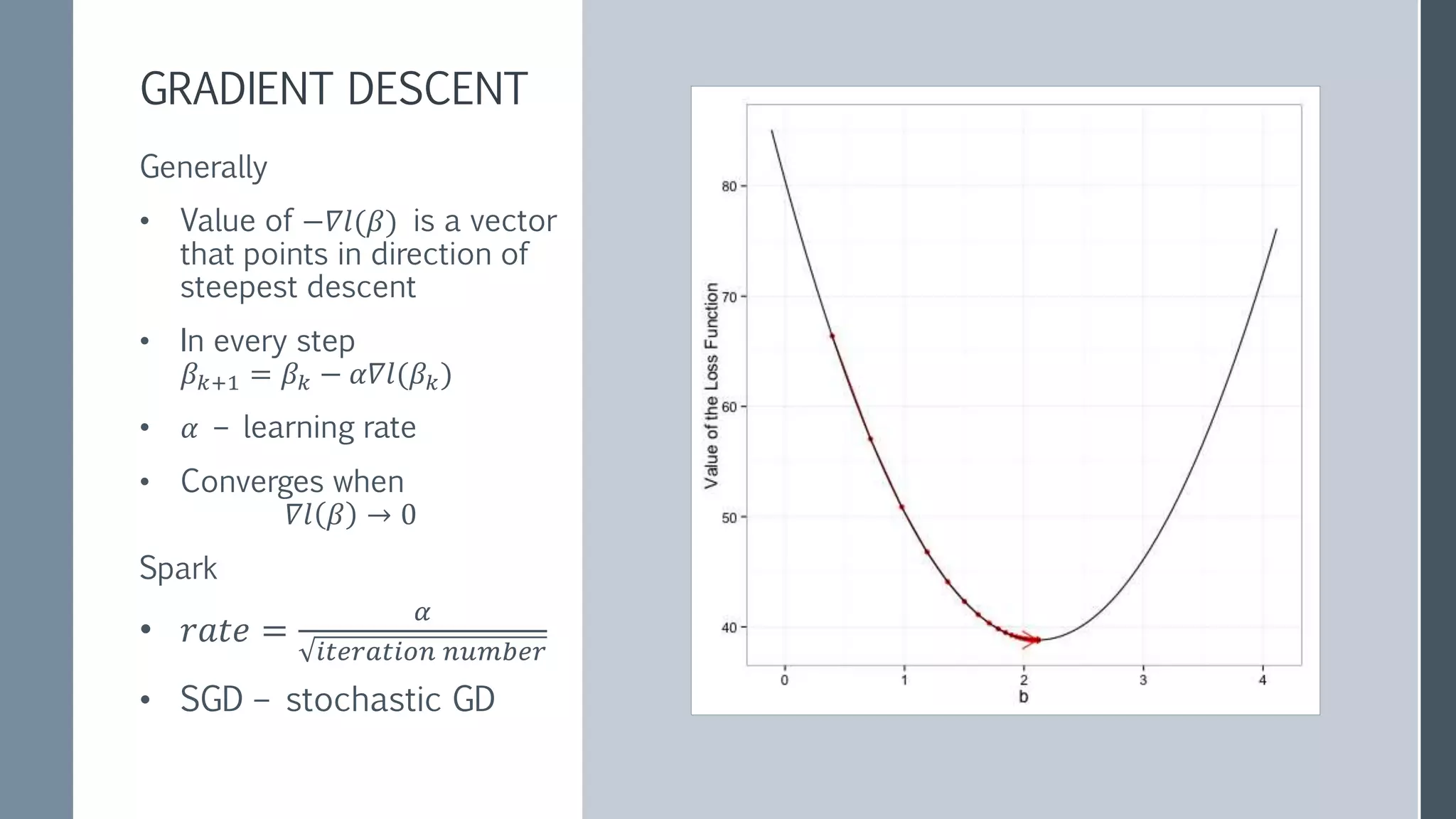 LINE SEARCH –
DETERMINING STEP
SIZE
Approximate method
At each iteration
• Find step size that
sufficiently decreases l
• By reducing the range of
possible steps sizes
Spark:
• StrongWolfeLineSearch
• Sufficiency check is a
function of
𝑙 𝛽 , 𝛻𝑙 𝛽
 