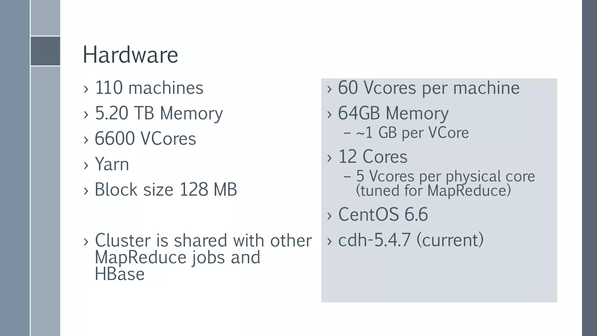 Execution – Good Neighboring
› Each source has different number of samples and
features
› Execution profiles for single learning run
Small Large
#Samples ~50K 500K
Input Size under 1gb 1g - 3g
#Executors 2 22
Executor Memory 2g 4g
Driver Memory 2g 18g
Yarn Driver Overhead 2g
Yarn Executor Overhead 1g
#Jobs per profile 200 180
 