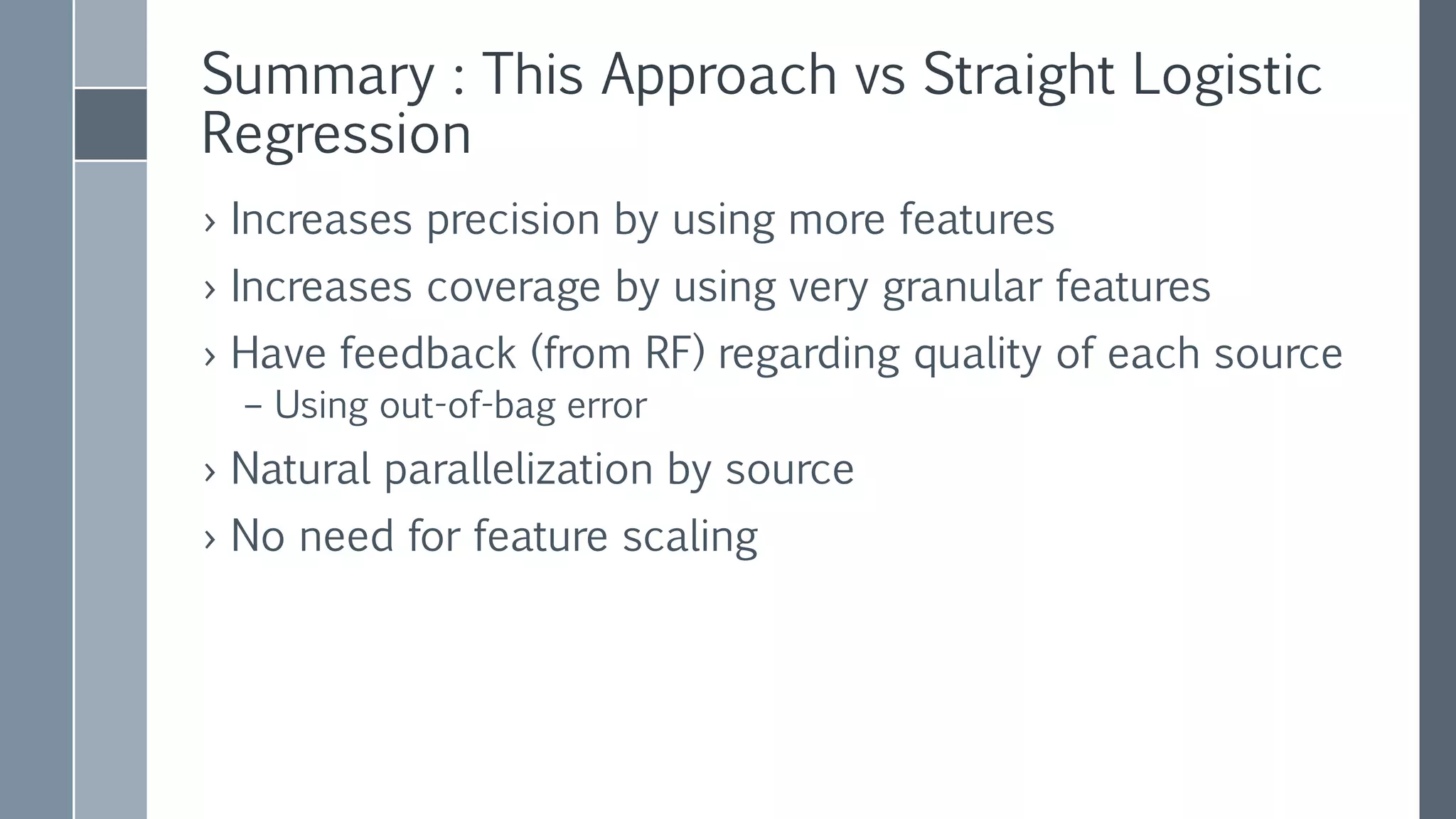Summary : This Approach vs Straight Logistic
Regression
› Increases precision by using more features
› Increases coverage by using very granular features
› Have feedback (from RF) regarding quality of each source
– Using out-of-bag error
› Natural parallelization by source
› No need for feature scaling
 