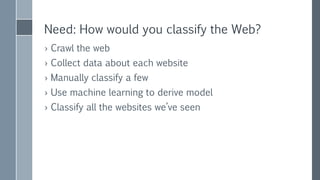 Need: How would you classify the Web?
› Crawl the web
› Collect data about each website
› Manually classify a few
› Use machine learning to derive model
› Classify all the websites we’ve seen
 
