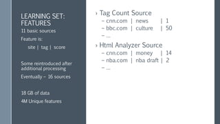 Our challenge
› Large Scale Logistic Regression
– ~500K site samples
– 4M Unique features
– ~800K features/source
– 246 classes
– Eventually apply model to 400M sites
 