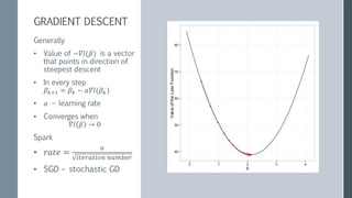 LINE SEARCH –
DETERMINING STEP
SIZE
Approximate method
At each iteration
• Find step size that
sufficiently decreases l
• By reducing the range of
possible steps sizes
Spark:
• StrongWolfeLineSearch
• Sufficiency check is a
function of
𝑙 𝛽 , 𝛻𝑙 𝛽
 