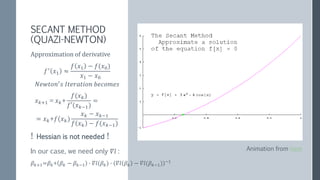 Requirements and Convergence rate
Newton-Raphson Quazi-Newton
Analytical formula for gradient Analytical formula for gradient
Compute gradient at each step 𝑂(𝑀 × 𝑁) Compute gradient at each step 𝑂(𝑀 × 𝑁)
Analytical formula for Hessian
Compute Inverse Hessian at each step -
𝑂(𝑀2 𝑁)
Save last calculations of gradient
Order Of Convergence q=2 Order Of Convergence q=1.6
Which is faster?
Which is cheaper (memory, cpu) in 1000 iterations for M=100,000 features?
Which of Gradient Descent, Newton or Quazi-Newton should we use?
 