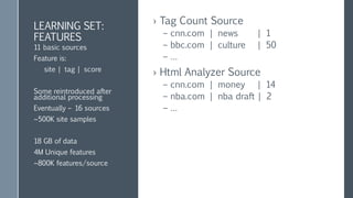Need: How would you improve over time?
› We collect different kinds of data:
– Tags
– Links
– User behavior
– …
› How to identify where to focus collection efforts?
› How to improve classification algorithm?
 