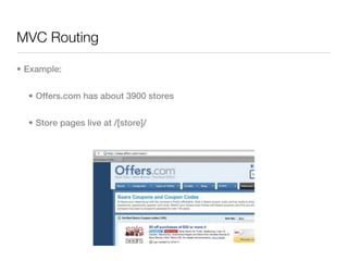 MVC Routing

• Example:


  • Offers.com has about 3900 stores


  • Store pages live at /[store]/
 