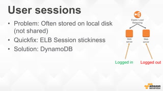 User sessions
•  Problem: Often stored on local disk
(not shared)
•  Quickfix: ELB Session stickiness
•  Solution: DynamoDB
Elastic Load
Balancing
Web
server
Web
server
Logged in Logged out
 