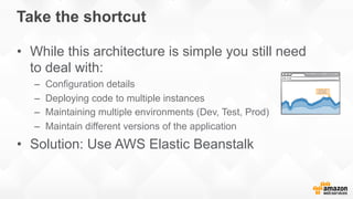 Take the shortcut
•  While this architecture is simple you still need
to deal with:
–  Configuration details
–  Deploying code to multiple instances
–  Maintaining multiple environments (Dev, Test, Prod)
–  Maintain different versions of the application
•  Solution: Use AWS Elastic Beanstalk
 