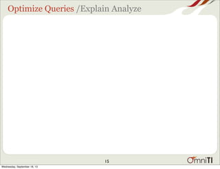 Optimize Queries /Explain Analyze
15
Wednesday, September 18, 13
 