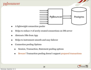 pgbouncer
• A lightweight connection pooler
• Helps to reduce # of newly created connections on DB server
• Abstracts DBs ...