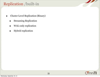 Replication /built-in
• Cluster Level Replication (Binary)
• Streaming Replication
• WAL-only replication
• Hybrid replica...