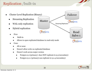 Replication /built-in
• Pros:
• Built-in
• Allows to open replicated database in read-only mode
• Cons:
• All or none
• Do...