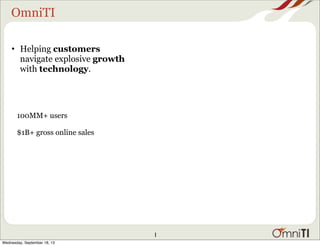 OmniTI
1
• Helping customers
navigate explosive growth
with technology.
100MM+ users
$1B+ gross online sales
Wednesday, Se...