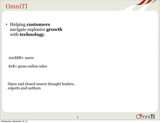 OmniTI
1
• Helping customers
navigate explosive growth
with technology.
100MM+ users
$1B+ gross online sales
Open and clos...