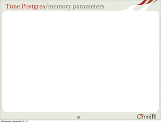 Tune Postgres/memory parameters
10
Wednesday, September 18, 13
 