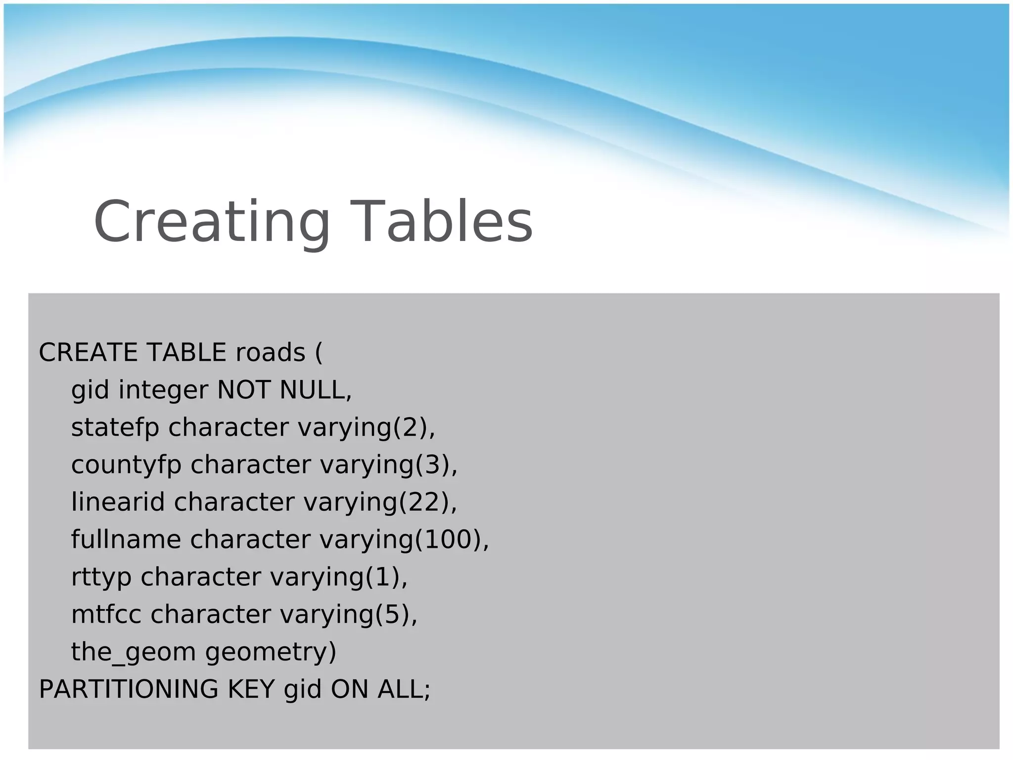 Creating Tables

CREATE TABLE roads (
  gid integer NOT NULL,
  statefp character varying(2),
  countyfp character varying(3),
  linearid character varying(22),
  fullname character varying(100),
  rttyp character varying(1),
  mtfcc character varying(5),
  the_geom geometry)
PARTITIONING KEY gid ON ALL;
 