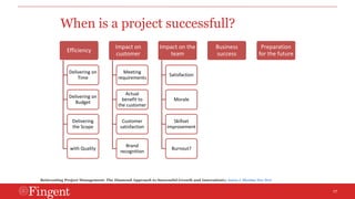 17 
When is a project successfull? 
Efficiency 
Delivering on 
Time 
Delivering on 
Budget 
Delivering 
the Scope 
with Quality 
Impact on 
customer 
Meeting 
requirements 
Actual 
benefit to 
the customer 
Customer 
satisfaction 
Brand 
recognition 
Impact on the 
team 
Satisfaction 
Morale 
Skillset 
improvement 
Burnout? 
Business 
success 
Preparation 
for the future 
Reinventing Project Management: The Diamond Approach to Successful Growth and Innovationby Aaron J. Shenhar Dov Dvir 
 