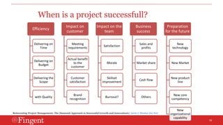 19 
When is a project successfull? 
Efficiency 
Delivering on 
Time 
Delivering on 
Budget 
Delivering the 
Scope 
with Quality 
Impact on 
customer 
Meeting 
requirements 
Actual benefit 
to the 
customer 
Customer 
satisfaction 
Brand 
recognition 
Impact on the 
team 
Satisfaction 
Morale 
Skillset 
improvement 
Burnout? 
Business 
success 
Sales and 
profits 
Market share 
Cash flow 
Others 
Preparation 
for the future 
New 
technology 
New Market 
New product 
line 
New core 
competency 
New 
organizational 
capability 
Reinventing Project Management: The Diamond Approach to Successful Growth and Innovationby Aaron J. Shenhar Dov Dvir 
 