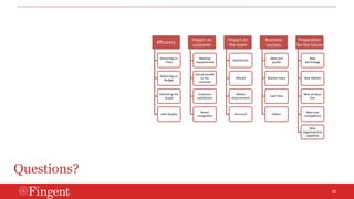 20 
Efficiency 
Delivering on 
Time 
Delivering on 
Budget 
Delivering the 
Scope 
with Quality 
Impact on 
customer 
Meeting 
requirements 
Actual benefit 
to the 
customer 
Customer 
satisfaction 
Brand 
recognition 
Impact on 
the team 
Satisfaction 
Morale 
Skillset 
improvement 
Burnout? 
Business 
success 
Sales and 
profits 
Market share 
Cash flow 
Others 
Preparation 
for the future 
New 
technology 
New Market 
New product 
line 
New core 
competency 
New 
organizational 
capability 
Questions? 
 