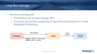 Long Term Storage
• Remote write/read API
• Prometheus has remote storage APIs
• Concerns around the complexity of operating Elasticsearch or similar
alongside Prometheus
https://bit.ly/2zt5try
 