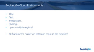 BookingGo.Cloud Environments
• Dev..
• Test..
• Production..
• Tooling..
• ..plus multiple regions!
• 10 Kubernetes clusters in total and more in the pipeline!
 