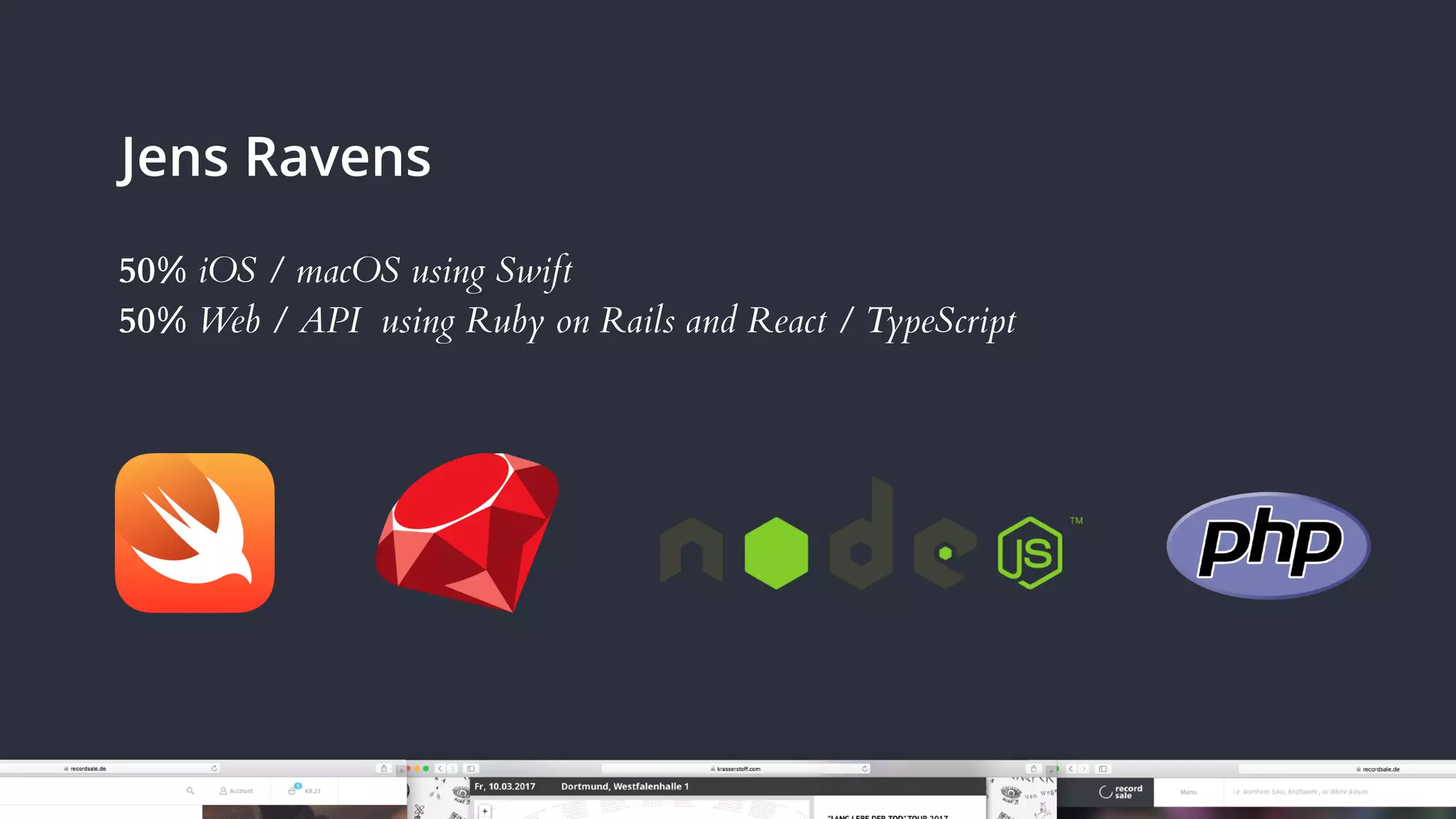 jensravens.com / nerdgeschoss.de / RUG::B 2020
Jens Ravens
50% iOS / macOS using Swift
50% Web / API using Ruby on Rails and React / TypeScript
 