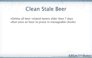 Clean Stale Beer
•Delete all beer-related tweets older than 7 days
•Run once an hour to prune in manageable chunks
 