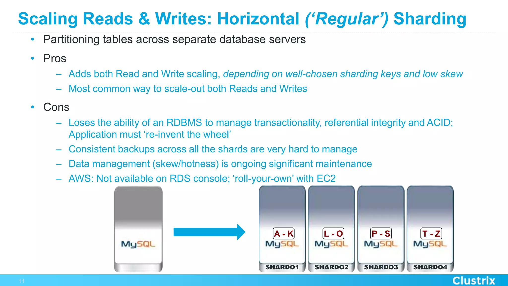 Scaling Reads & Writes: Horizontal (‘Regular’) Sharding
•  Partitioning tables across separate database servers
•  Pros
–  Adds both Read and Write scaling, depending on well-chosen sharding keys and low skew
–  Most common way to scale-out both Reads and Writes
•  Cons
–  Loses the ability of an RDBMS to manage transactionality, referential integrity and ACID;
Application must ‘re-invent the wheel’
–  Consistent backups across all the shards are very hard to manage
–  Data management (skew/hotness) is ongoing significant maintenance
–  AWS: Not available on RDS console; ‘roll-your-own’ with EC2
11
SHARDO1 SHARDO2 SHARDO3 SHARDO4
A - K L - O P - S T - Z
 