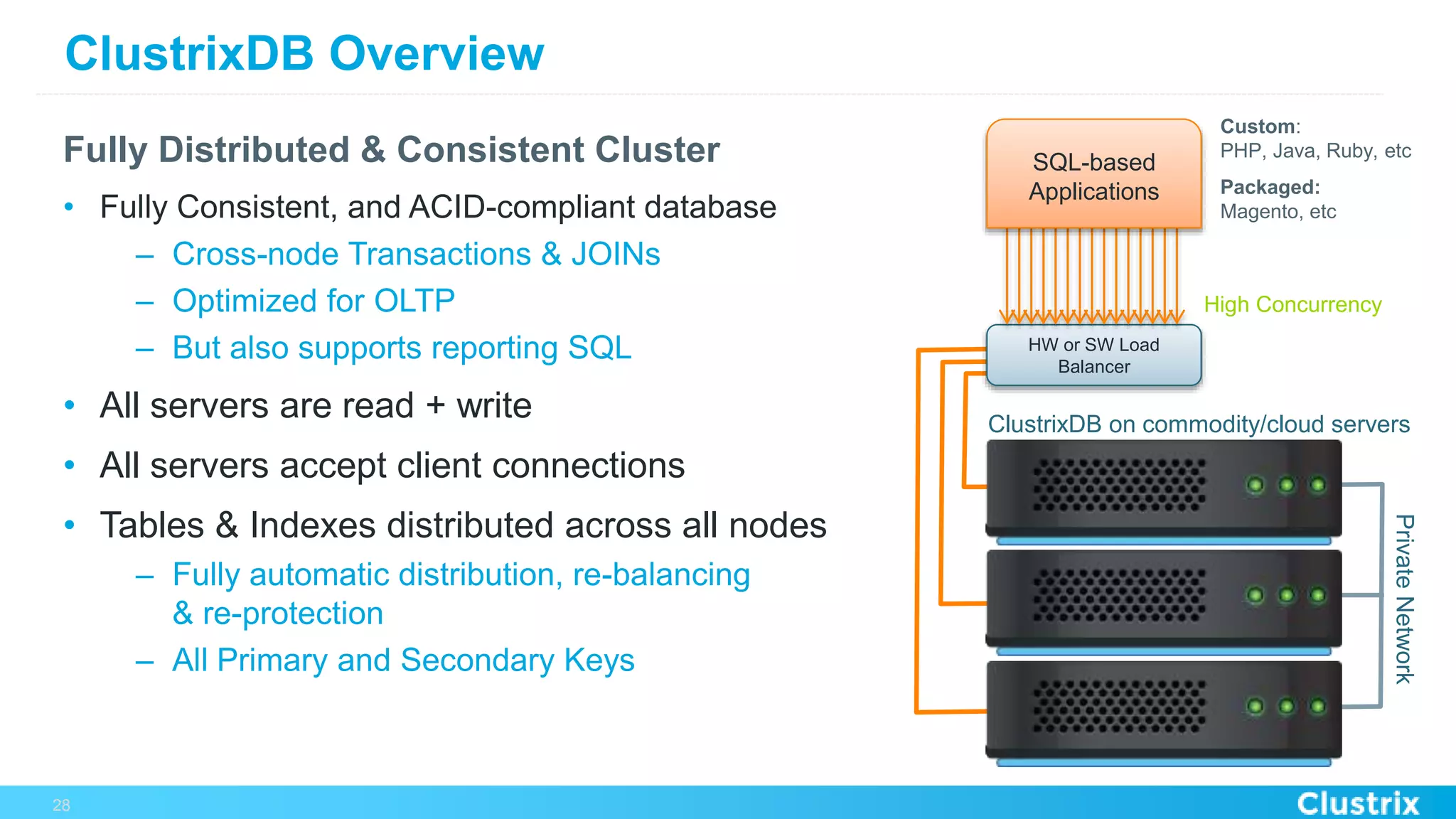 ClustrixDB Overview
Fully Distributed & Consistent Cluster
•  Fully Consistent, and ACID-compliant database
–  Cross-node Transactions & JOINs
–  Optimized for OLTP
–  But also supports reporting SQL
•  All servers are read + write
•  All servers accept client connections
•  Tables & Indexes distributed across all nodes
–  Fully automatic distribution, re-balancing
& re-protection
–  All Primary and Secondary Keys
28
PrivateNetwork
ClustrixDB on commodity/cloud servers
HW or SW Load
Balancer
SQL-based
Applications
High Concurrency
Custom:
PHP, Java, Ruby, etc
Packaged:
Magento, etc
 