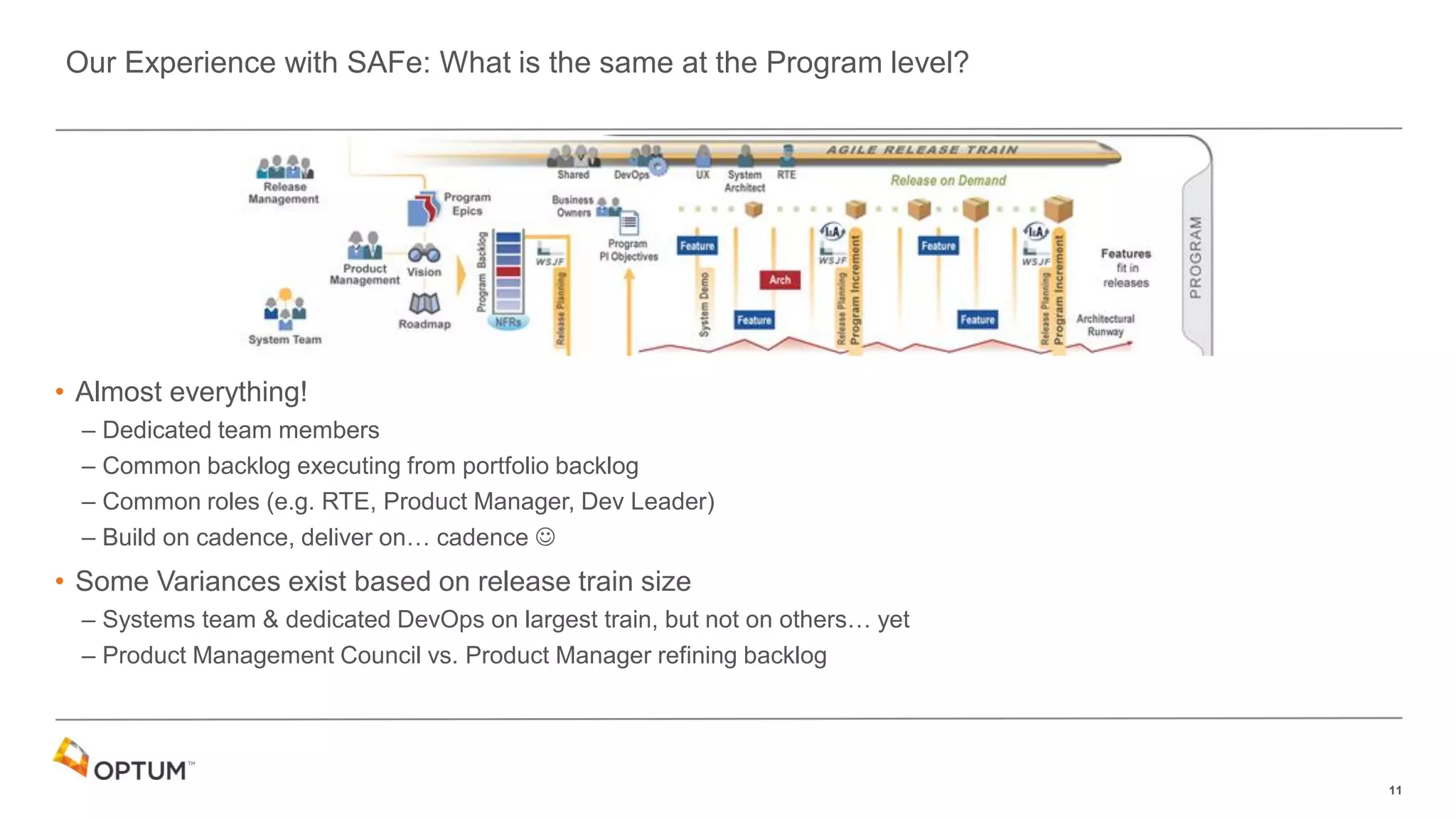 11
• Almost everything!
– Dedicated team members
– Common backlog executing from portfolio backlog
– Common roles (e.g. RTE, Product Manager, Dev Leader)
– Build on cadence, deliver on… cadence 
• Some Variances exist based on release train size
– Systems team & dedicated DevOps on largest train, but not on others… yet
– Product Management Council vs. Product Manager refining backlog
Our Experience with SAFe: What is the same at the Program level?
 