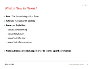What’s New in Nexus?
» Role: The Nexus Integration Team
» Artifact: Nexus Sprint Backlog
» Events or Activities:
- Nexus Sprint Planning
- Nexus Daily Scrum
- Nexus Sprint Review
- Nexus Sprint Retrospectives
» Note: All Nexus events happen prior to team’s Sprint ceremonies
10Scaling Scrum seamlessly with Nexus
 