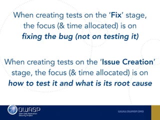 When creating tests on the ‘Fix’ stage,
the focus (& time allocated) is on  
fixing the bug (not on testing it)
When creating tests on the ‘Issue Creation’
stage, the focus (& time allocated) is on  
how to test it and what is its root cause
 