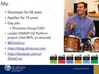 Me
• Developer for 28 years
• AppSec for 14 years
• Day job:
• Photobox Group CISO
• Leader OWASP O2 Platform
project (.Net REPL on steroids)
• @DinisCruz
• http://blog.diniscruz.com
• http://leanpub.com/u/
DinisCruz
 