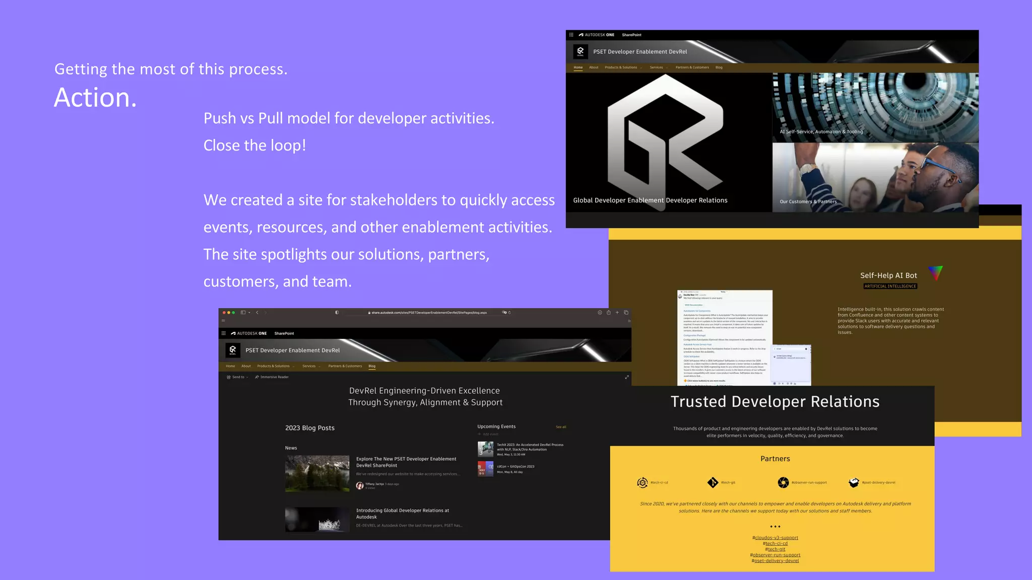 Action.
Getting the most of this process.
Push vs Pull model for developer activities.
Close the loop!
We created a site for stakeholders to quickly access
events, resources, and other enablement activities.
The site spotlights our solutions, partners,
customers, and team.
 