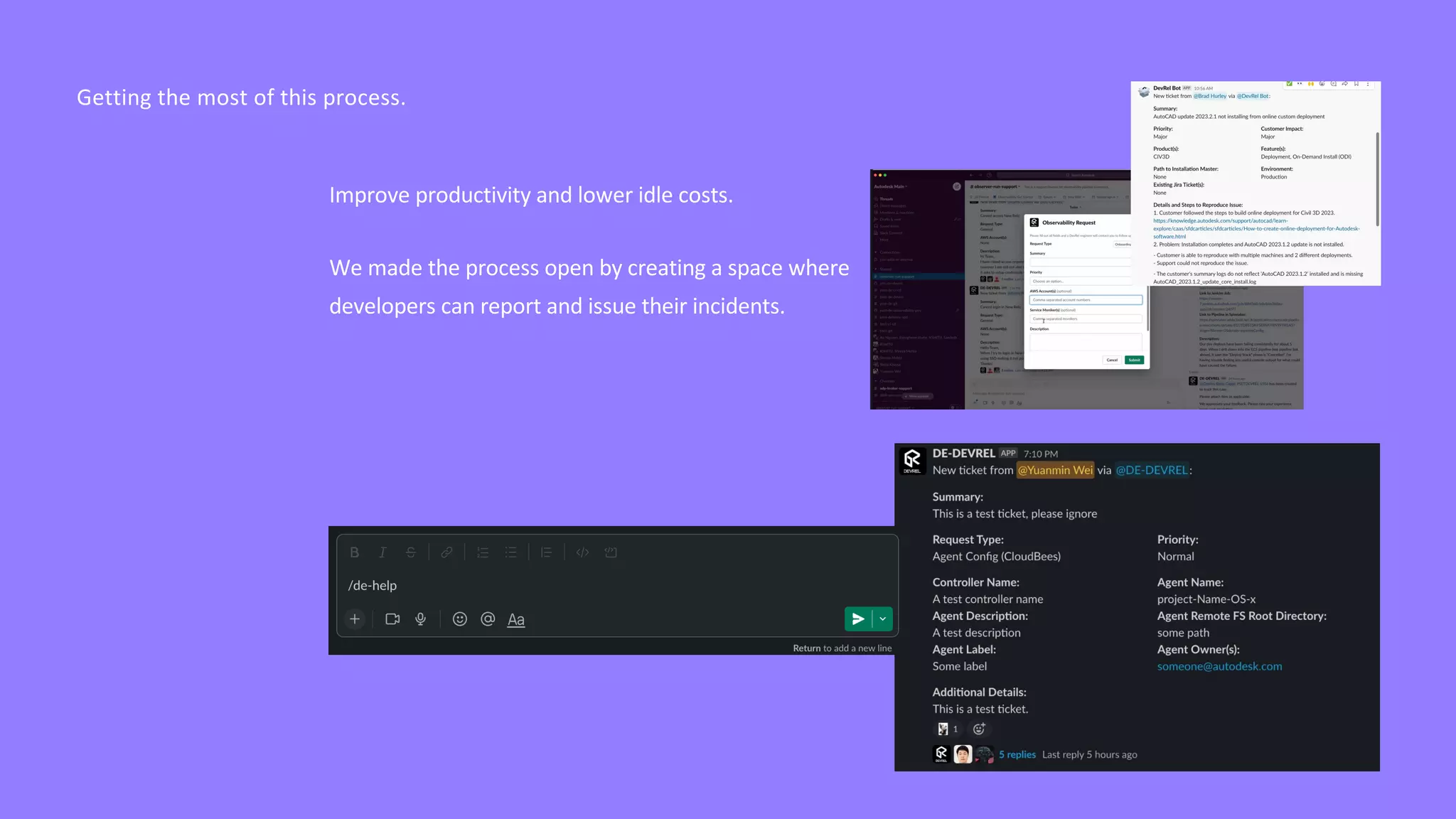 Getting the most of this process.
Improve productivity and lower idle costs.
We made the process open by creating a space where
developers can report and issue their incidents.
 