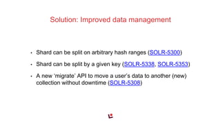 • Shard can be split on arbitrary hash ranges (SOLR-5300)
• Shard can be split by a given key (SOLR-5338, SOLR-5353)
• A new ‘migrate’ API to move a user’s data to another (new)
collection without downtime (SOLR-5308)
Solution: Improved data management
 