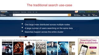 The traditional search use-case
• One large index distributed across multiple nodes
• A large number of users searching on the same data
• Searches happen across the entire cluster
 
