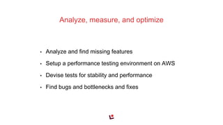 • Analyze and find missing features
• Setup a performance testing environment on AWS
• Devise tests for stability and performance
• Find bugs and bottlenecks and fixes
Analyze, measure, and optimize
 