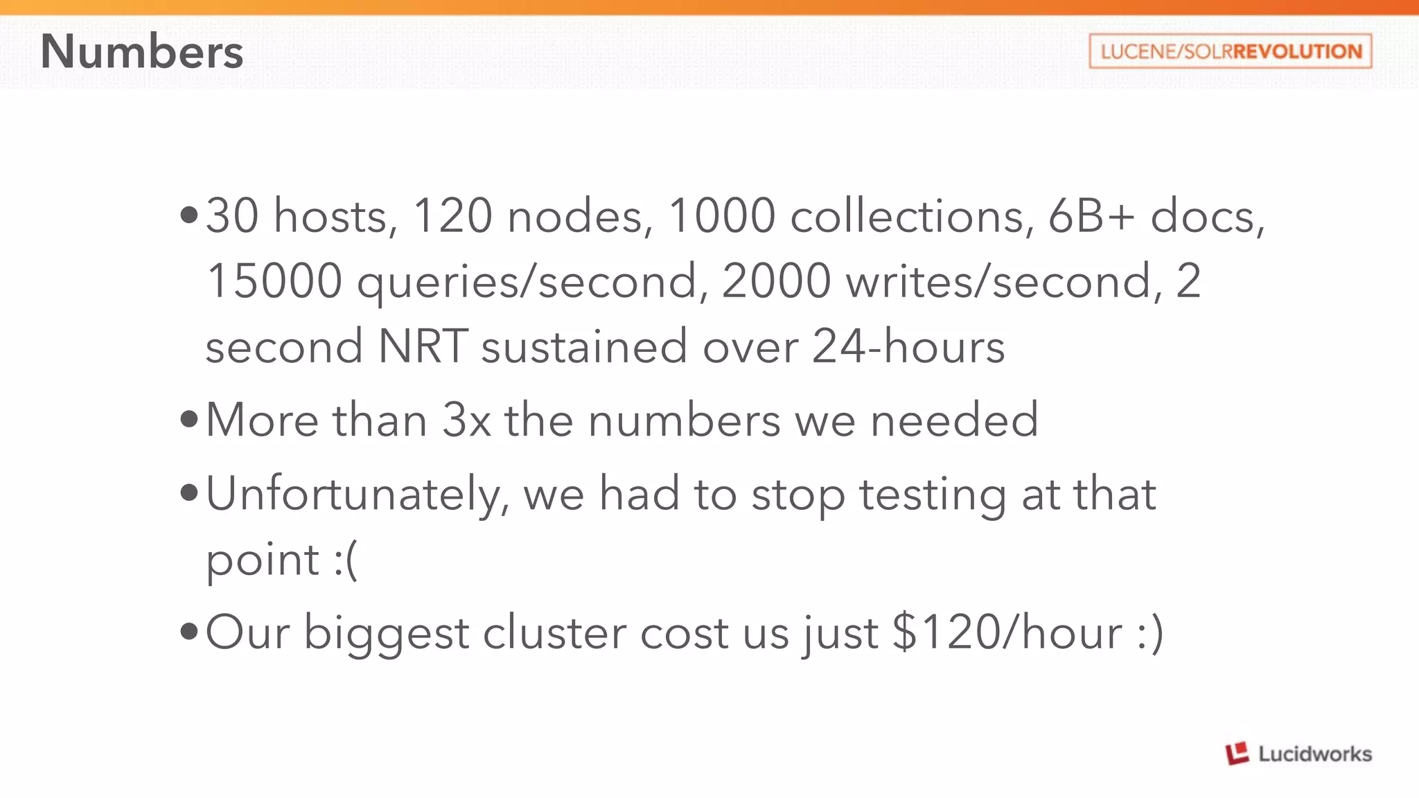 Numbers 
•30 hosts, 120 nodes, 1000 collections, 6B+ docs, 
15000 queries/second, 2000 writes/second, 2 
second NRT sustained over 24-hours 
•More than 3x the numbers we needed 
•Unfortunately, we had to stop testing at that 
point :( 
•Our biggest cluster cost us just $120/hour :) 
 