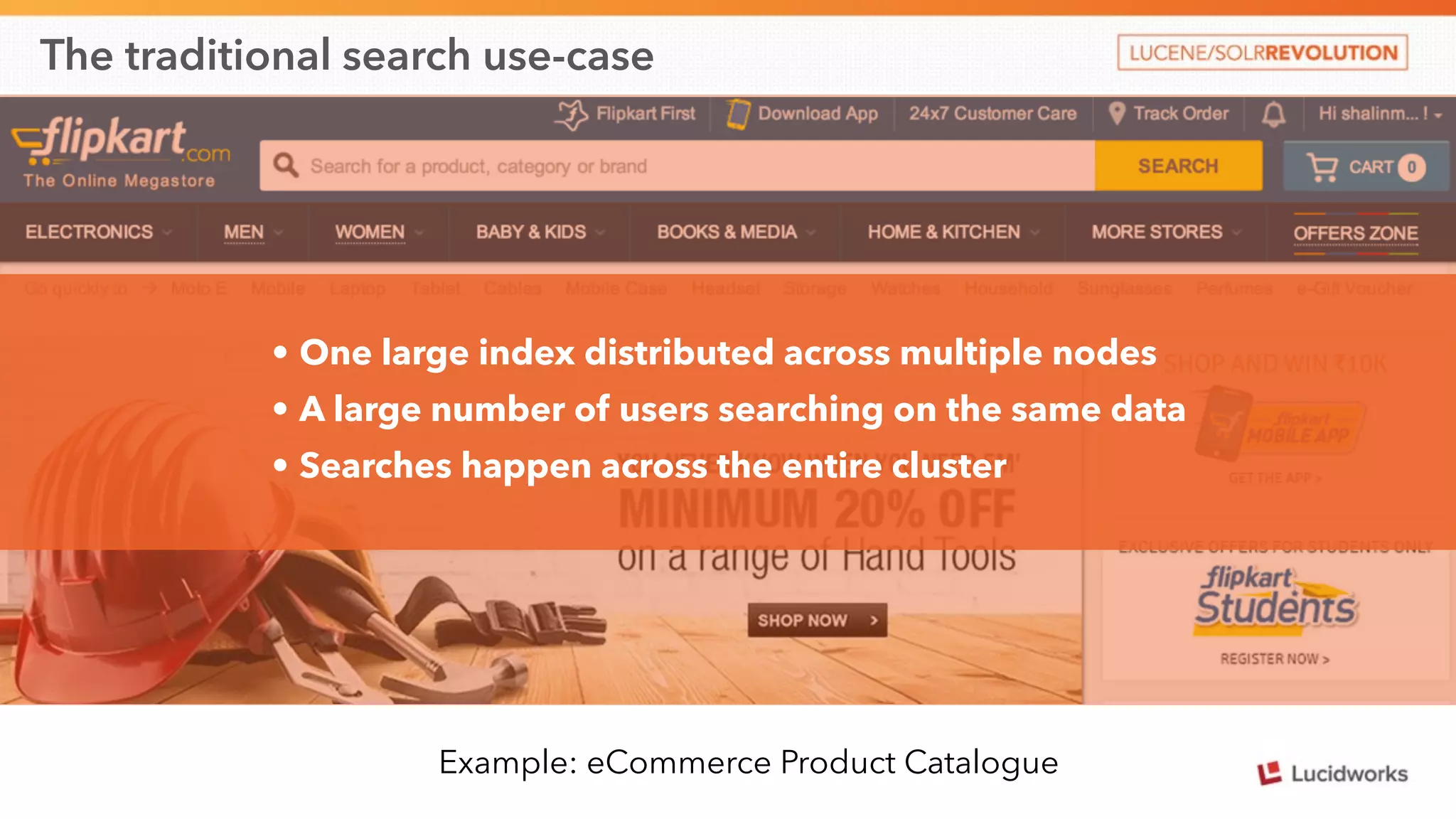 The traditional search use-case 
• One large index distributed across multiple nodes 
• A large number of users searching on the same data 
• Searches happen across the entire cluster 
Example: eCommerce Product Catalogue 
 