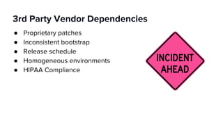 3rd Party Vendor Dependencies
● Proprietary patches
● Inconsistent bootstrap
● Release schedule
● Homogeneous environments
● HIPAA Compliance
 